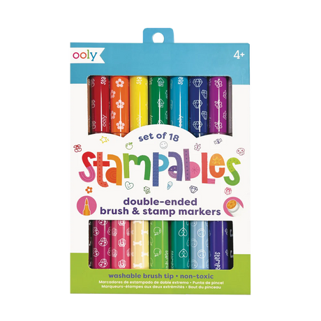 Stampables Double-Ended Stamp Markers set of 18 colorful washable brush and stamp markers for kids 4 and up.