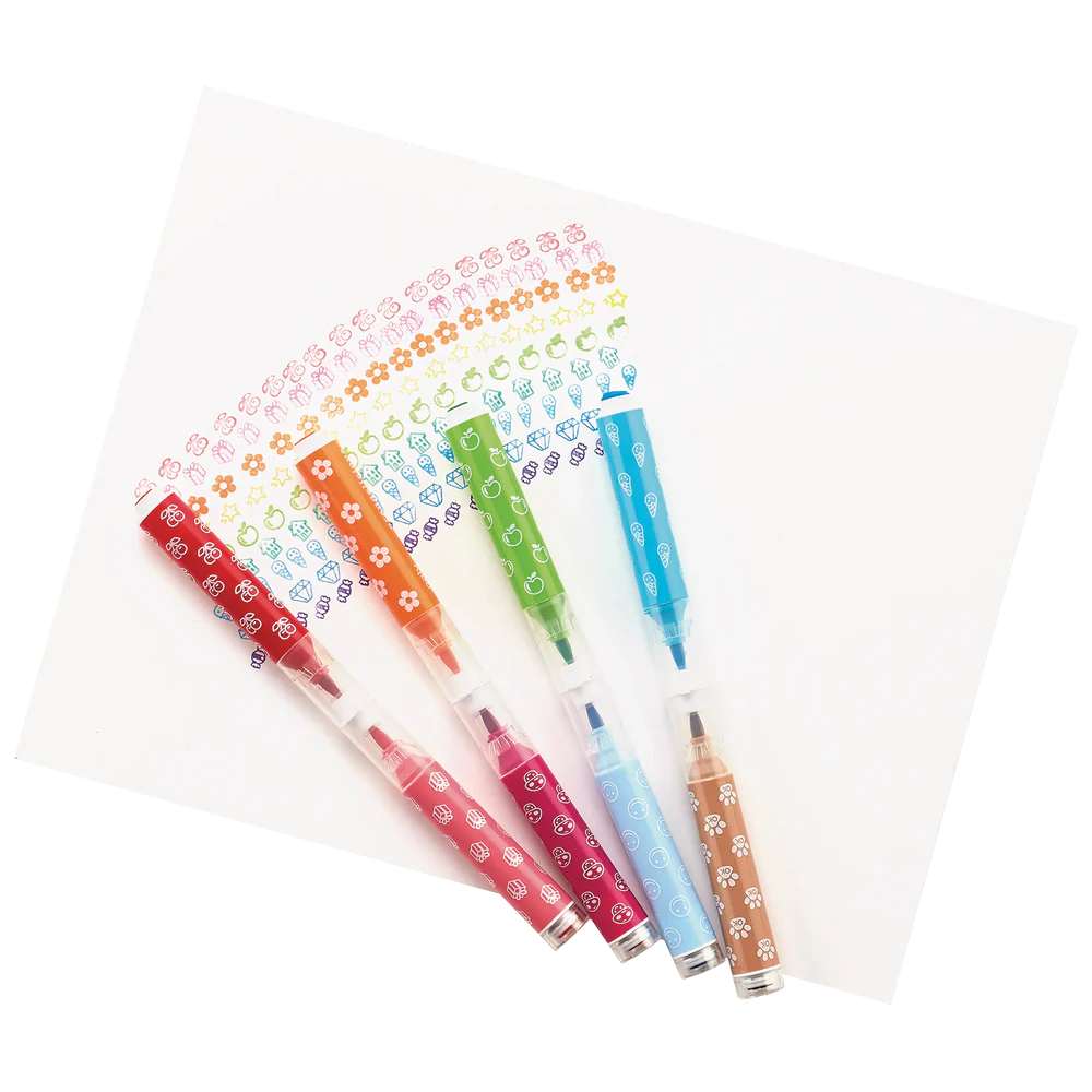 Stampables Double-Ended Stamp Markers with colorful stamp and brush tips creating fun flower and icon patterns.