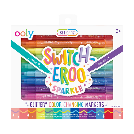 Switch-eroo Sparkle Glittery Color Changing Markers set of 12 with double-ended glitter and mystery colors for creative art.