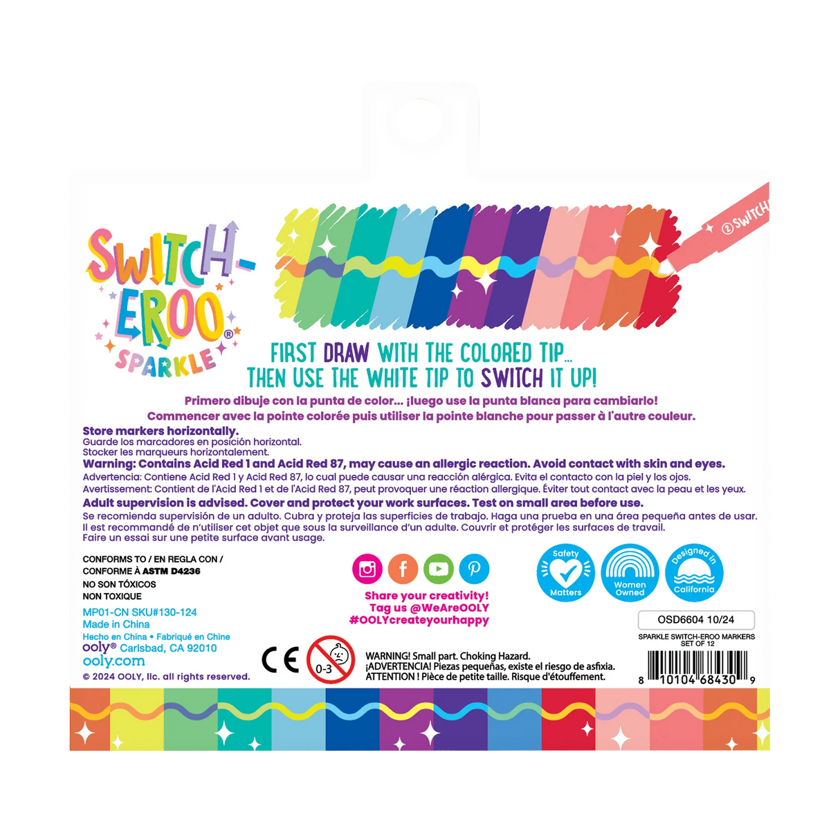 Switch-eroo Sparkle Glittery Color Changing Markers set showing 12 vibrant double-ended glitter and color changing tips.