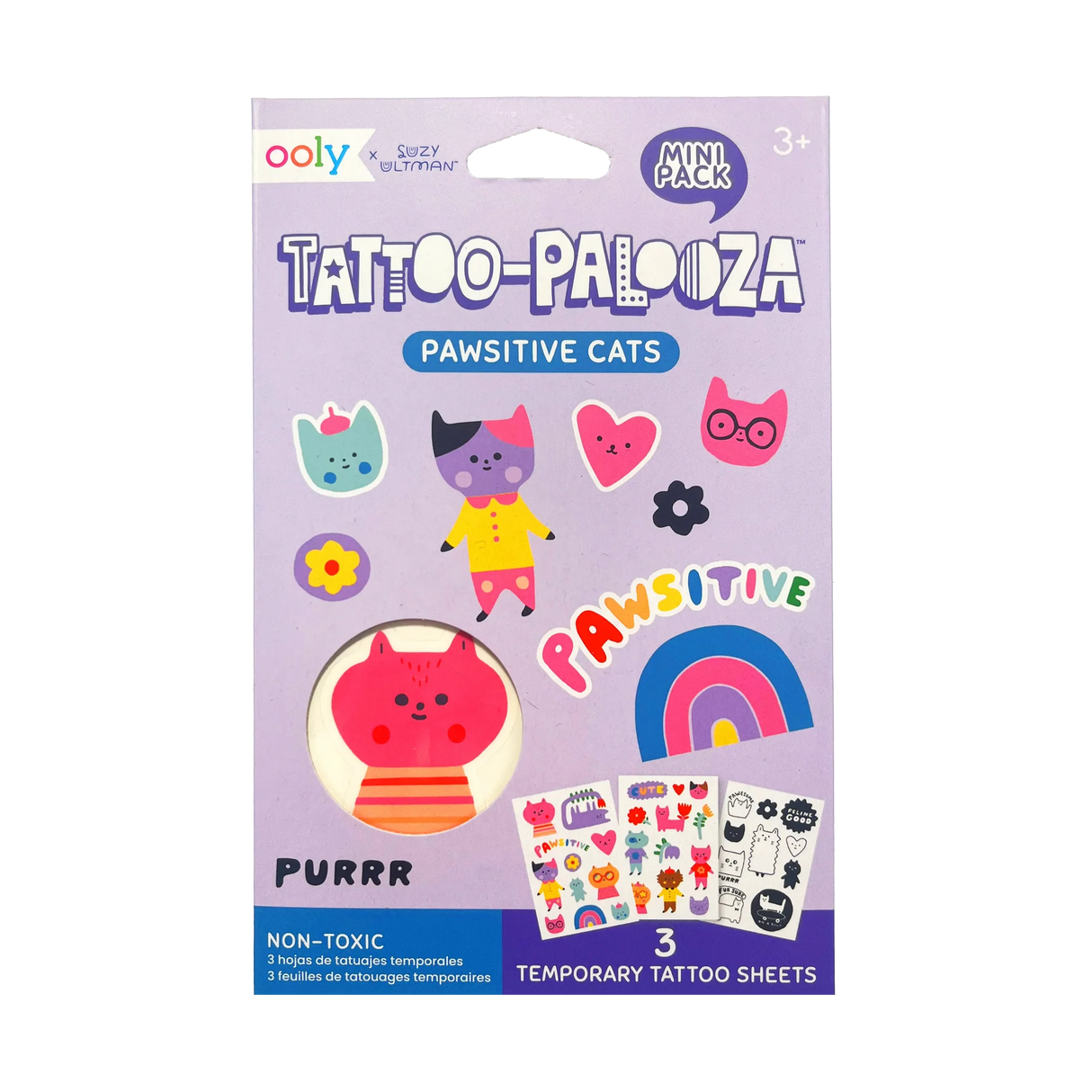 Pawsitive Cats Tattoos mini pack with three sheets of colorful and black-and-white cat temporary tattoos for kids ages 3 and up.