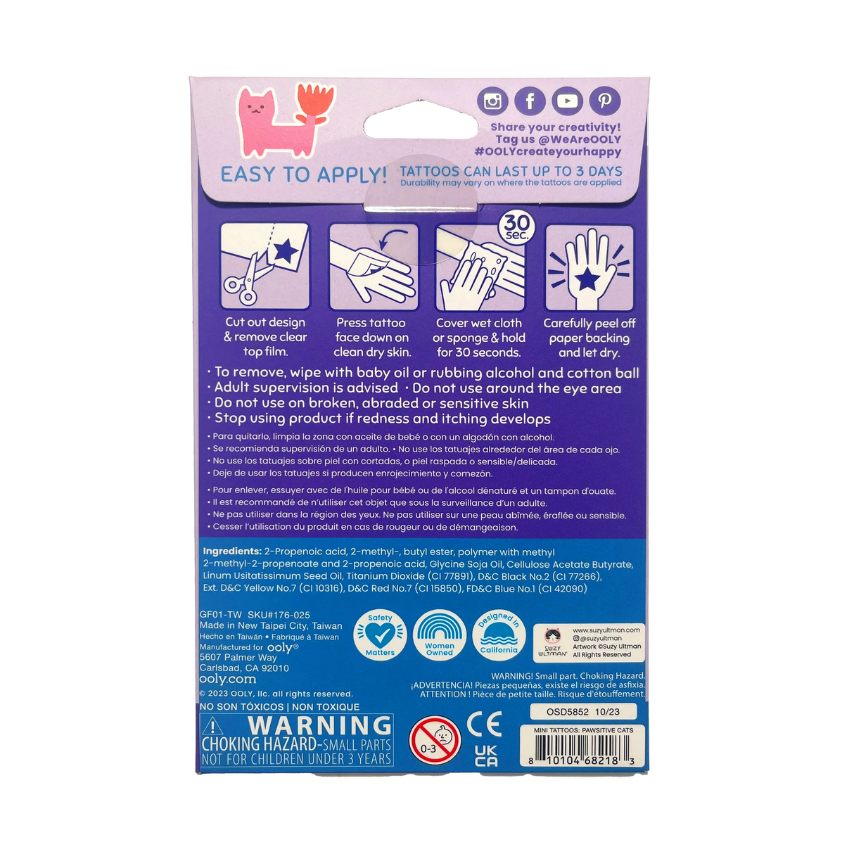 Pawsitive Cats Tattoos packaging showing application instructions and safety information for kids temporary cat tattoos.
