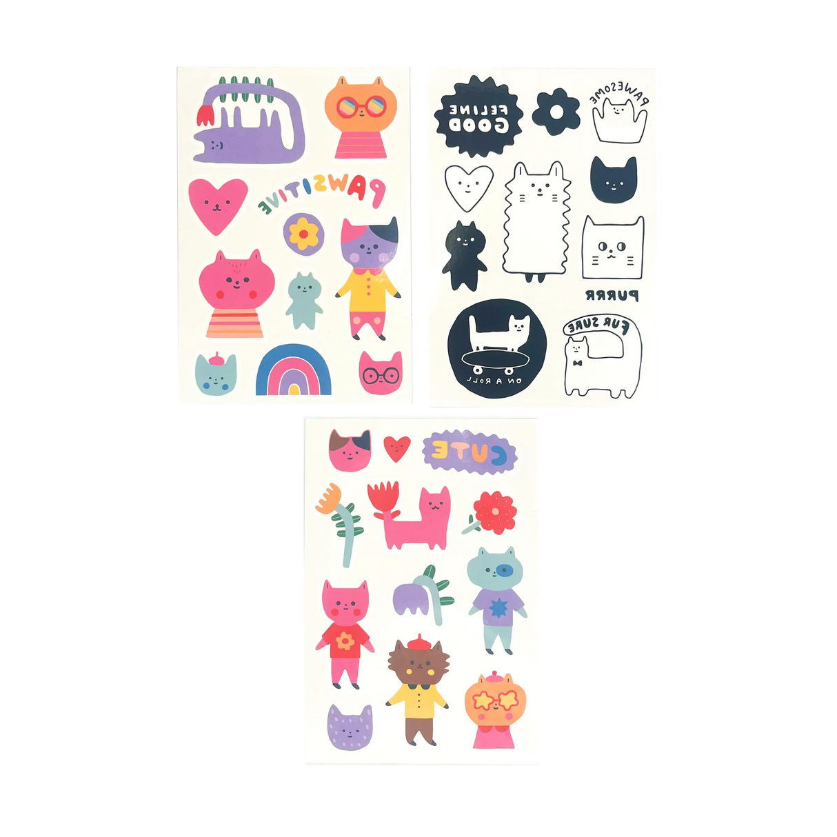 Pawsitive Cats Tattoos featuring colorful and black-and-white cat designs on three sheets of temporary kids tattoos.