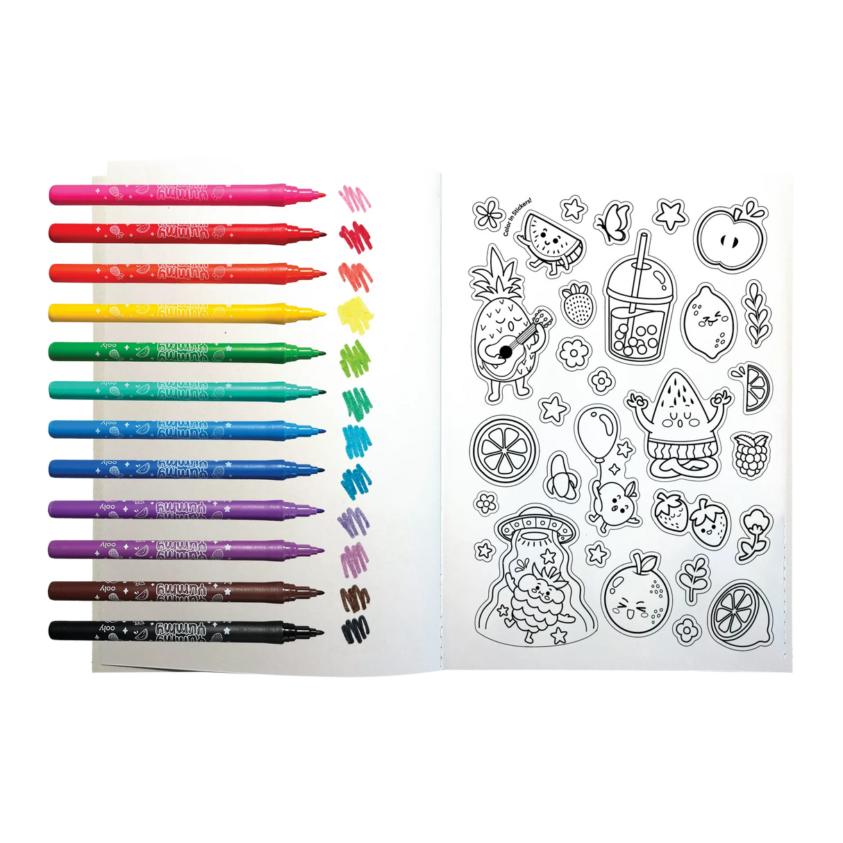 Yummy Yummy Scented Coloring Kit with 10 colorful fruit-scented markers and a hidden pattern coloring book.