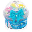 Outta This World Metallic Slime in blue container with galaxy-themed charms and a blue bow on the lid.