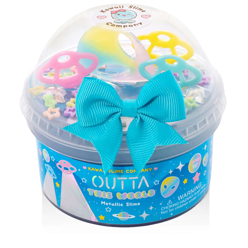 Outta This World Metallic Slime in blue container with galaxy-themed charms and a blue bow on the lid.