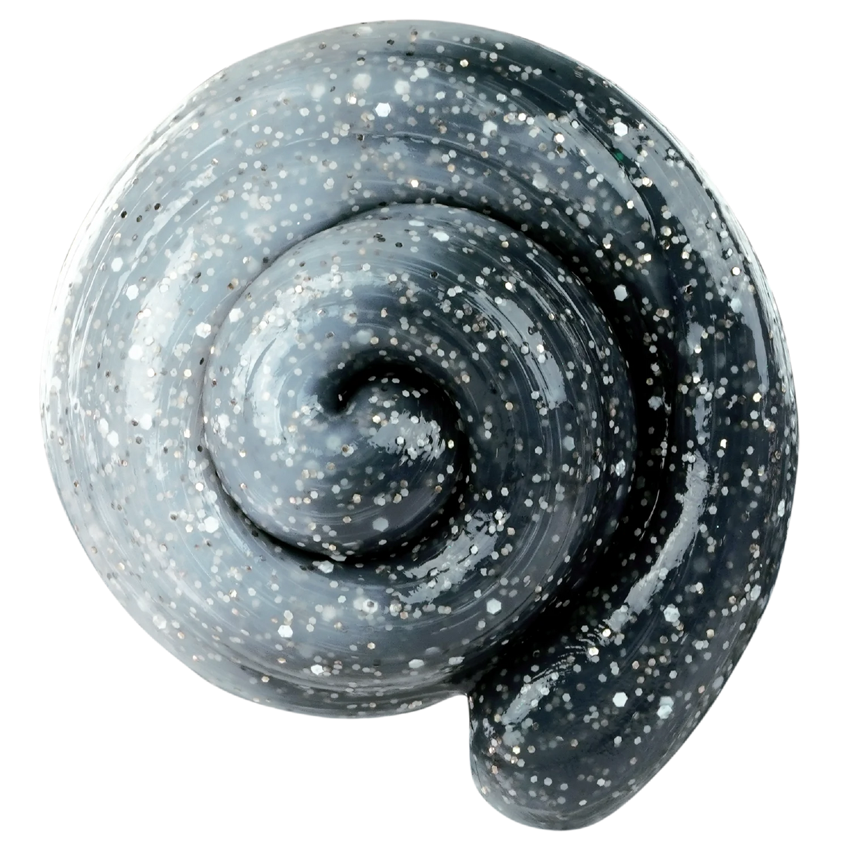 Mini Color Change Owl Thinking Putty spiraled showing silver sequins and black to white color shift like snowy owl feathers.