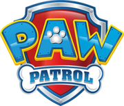 Colorful PAW Patrol logo featuring a shield with a paw print and bold playful text design