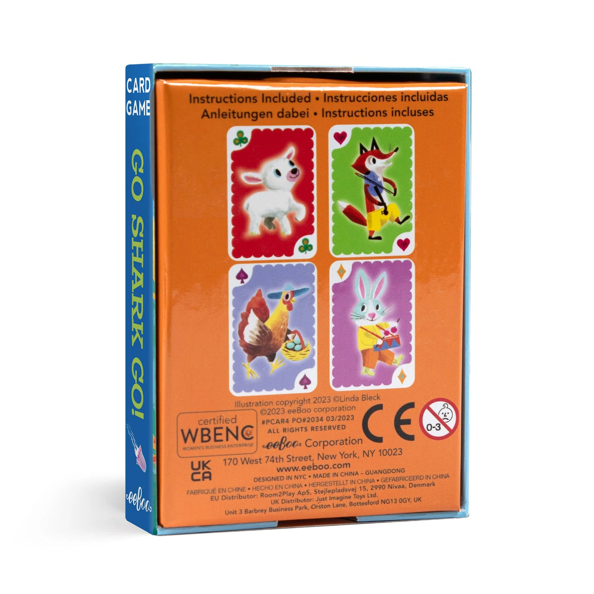 Animal Rummy deck showing colorful animal card illustrations on a vintage-style orange box with multilingual instructions.