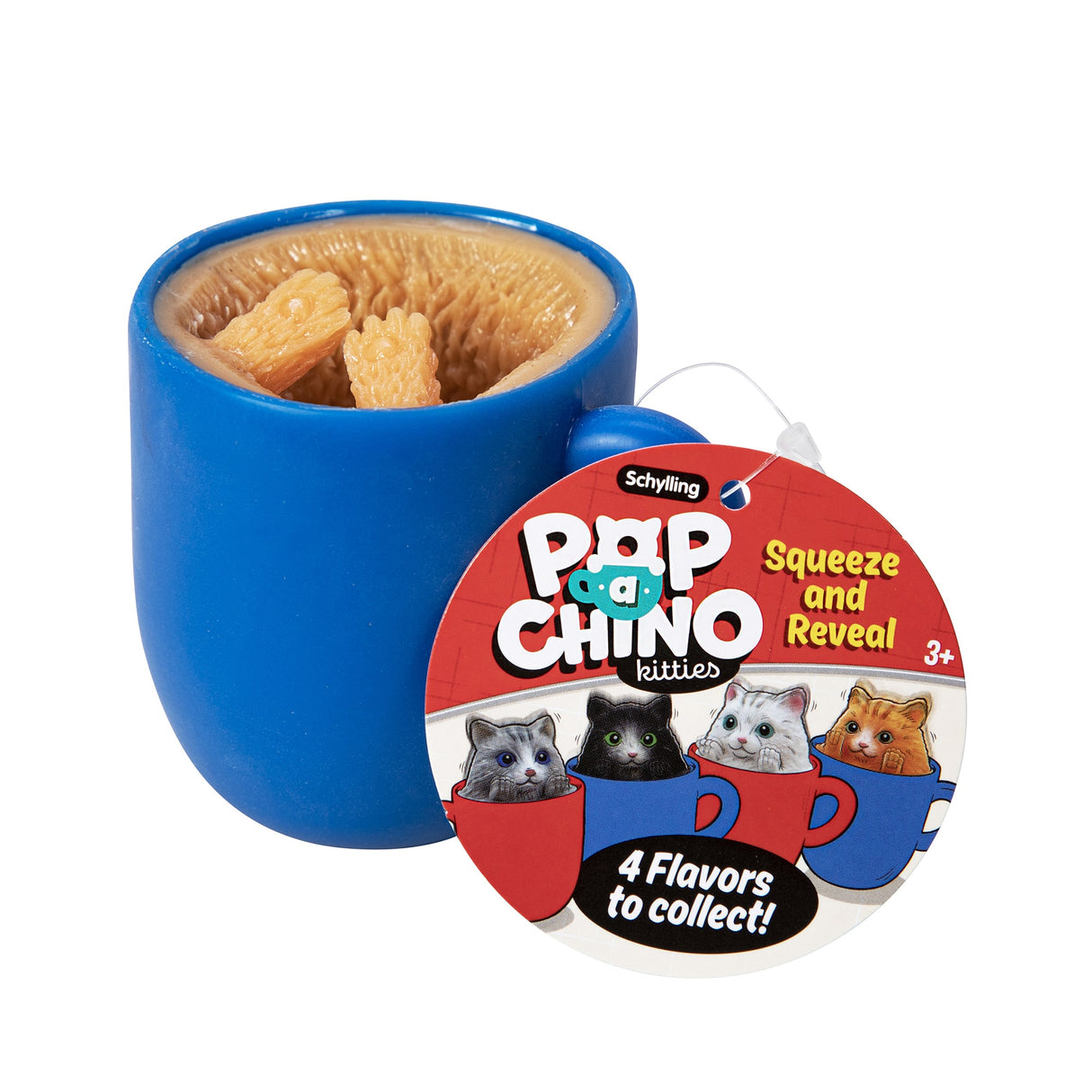 Pop a Chino Kitties! blue cup toy with biscuit and kitten surprise, squeeze and reveal collectible cat toy.