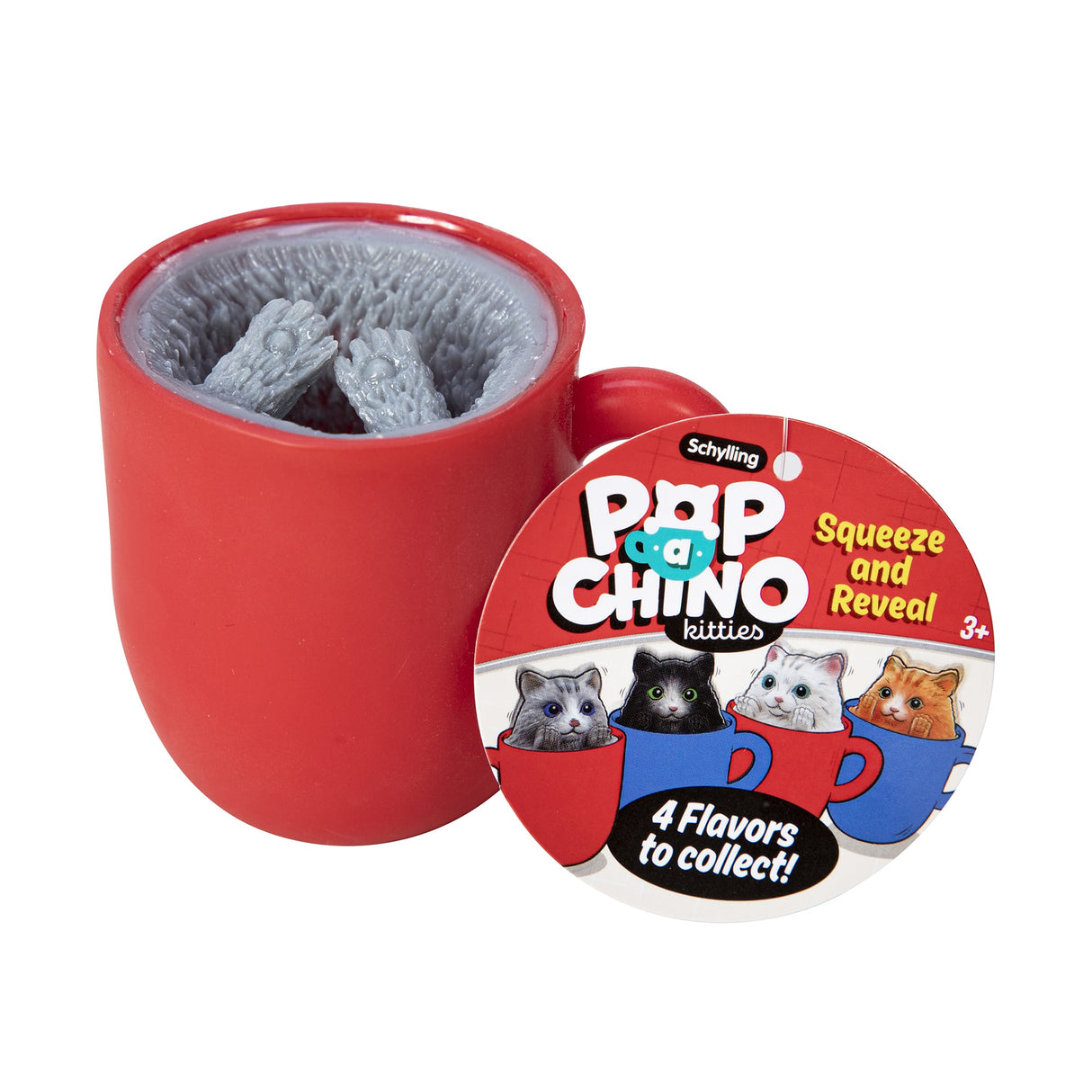 Pop a Chino Kitties! red cup toy with gray kitten paws popping out, fun collectible cat surprise.