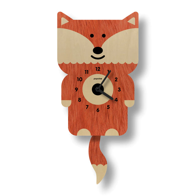 Wood Pendulum Clock | Fox with original design, silent quartz movement, natural wood finish, and pendulum tail detail.