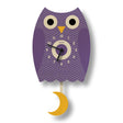 Wood Pendulum Clock | Purple Owl featuring a purple owl design with silent quartz movement and yellow crescent pendulum.