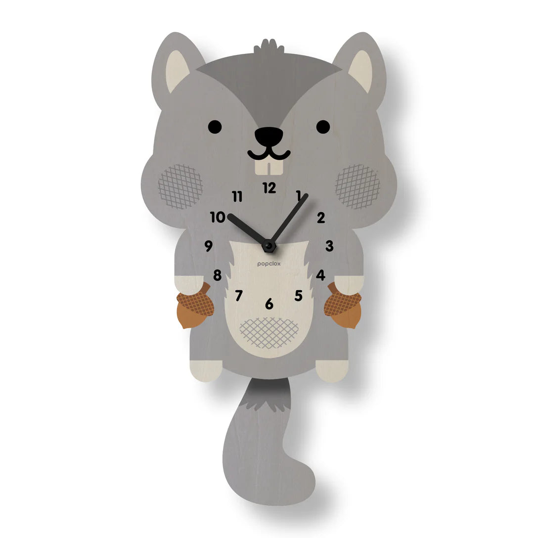 Wood Pendulum Clock | Squirrel made of laser cut poplar plywood with silent quartz movement and swinging tail pendulum.