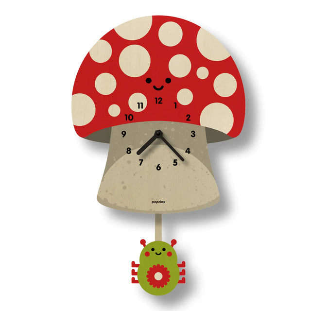 Wood Pendulum Clock | Mushroom with red spotted cap, smiling face, and green pendulum bug in natural wood finish.