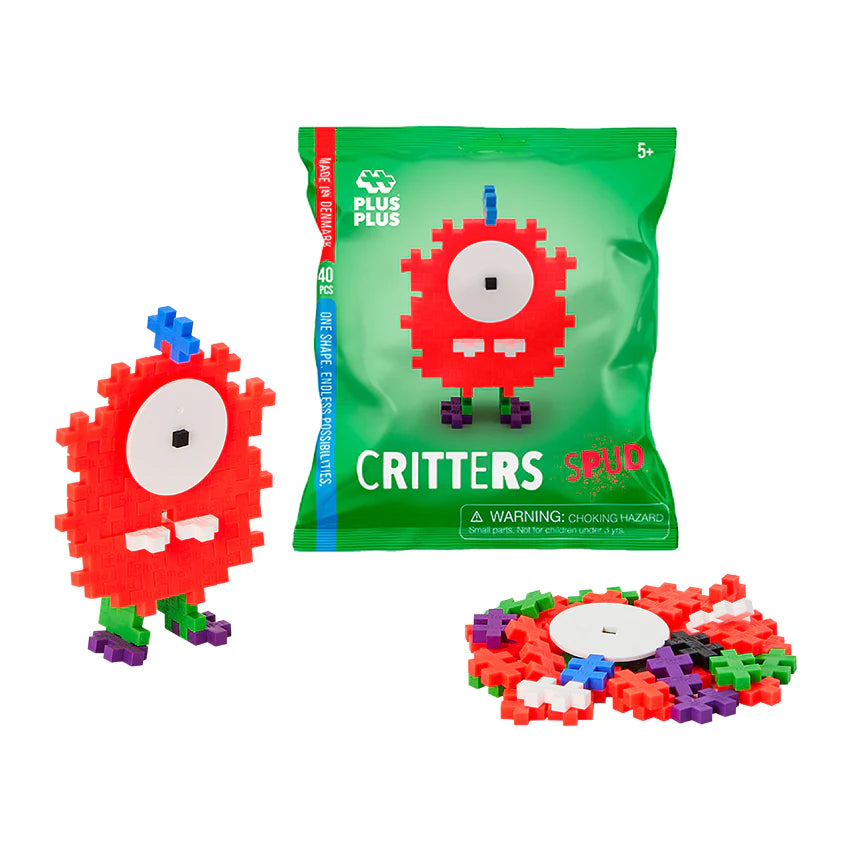 Plus Plus Critters Bag with colorful interlocking pieces to build the Spud critter, including instructions and eyes.