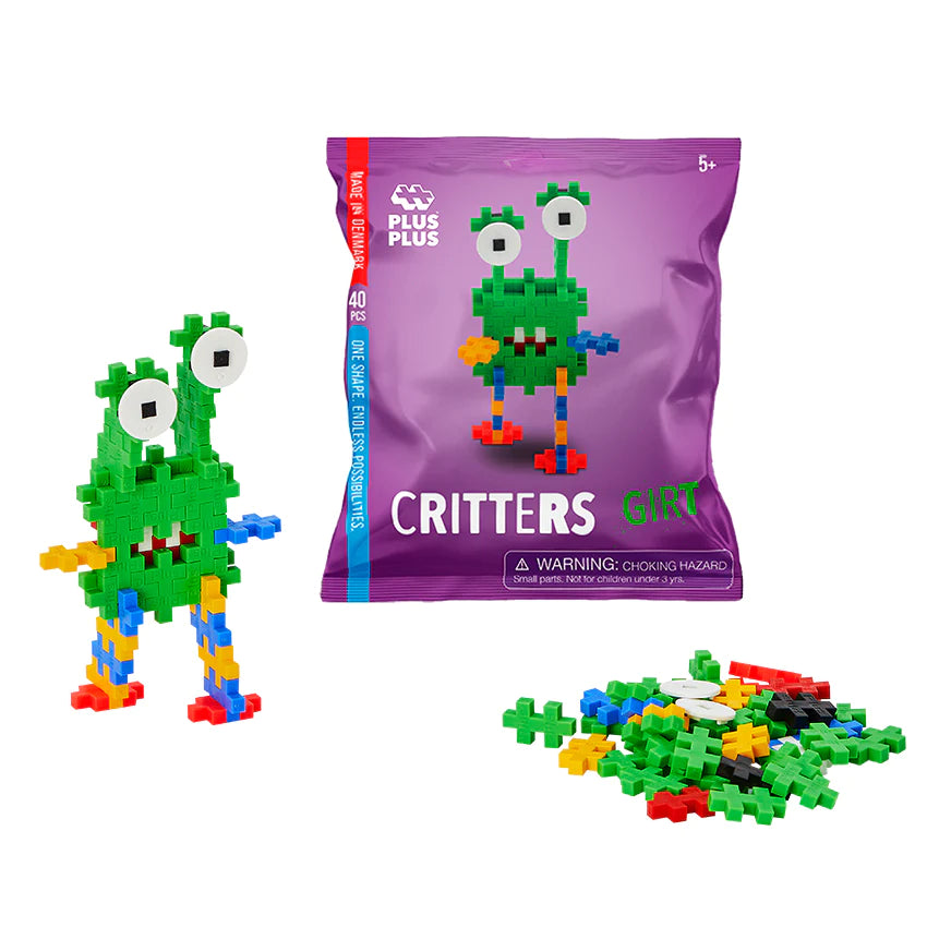 Plus Plus Critters Bag with colorful Girt figure and pieces, perfect for ages 5-12 building fun.