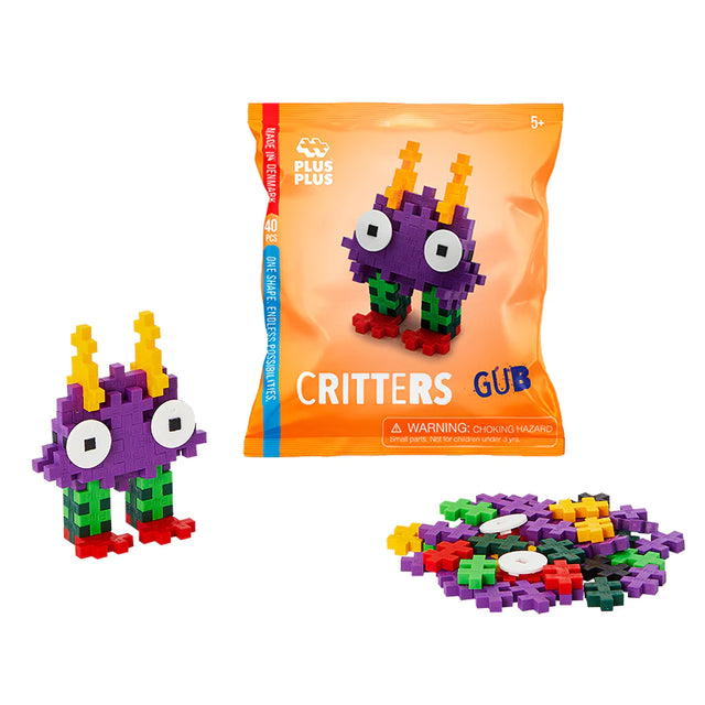 Plus Plus Critters Bag featuring colorful building pieces and instructions to create one random critter figure.