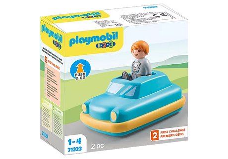 Boxed Playmobil 1:2:3 123 Push & Go Car toy with figure, designed for toddlers aged 1 to 4 years.