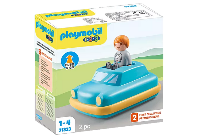 Boxed Playmobil 1:2:3 123 Push & Go Car toy with figure, designed for toddlers aged 1 to 4 years.