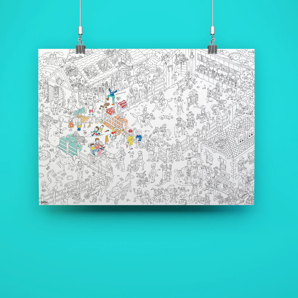 Pony Club Giant Coloring Poster showing a detailed horse stable scene with riders and equestrian activities to color.