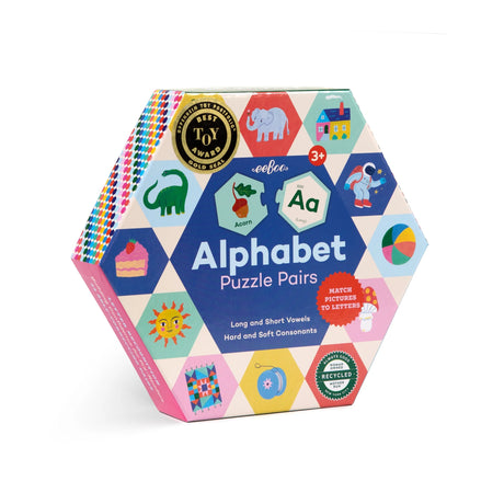 Alphabet Puzzle Pairs hexagon box with colorful illustrations teaching letters, vowels, and consonants for ages 3 and up.