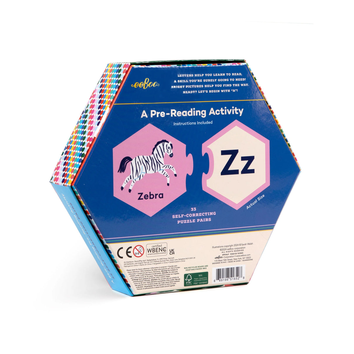 Alphabet Puzzle Pairs hexagon-shaped pre-reading activity with colorful zebra illustration and letter Zz puzzle pieces.
