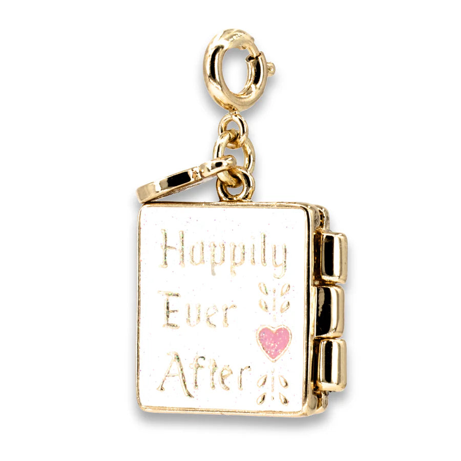 Gold Princess Book Charm with 3D enamel design, glitter accents, and "Happily Ever After" text for ages 3 and up.