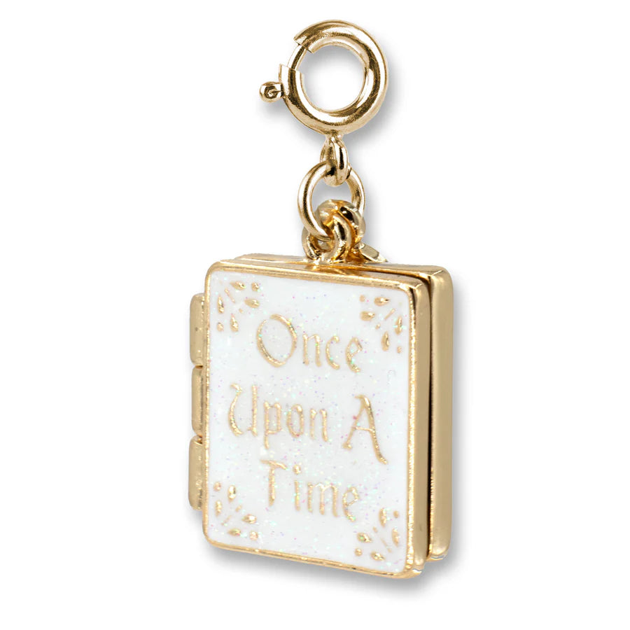 Gold Princess Book Charm featuring a 3D enamel book with "Once Upon A Time" text and glitter details.