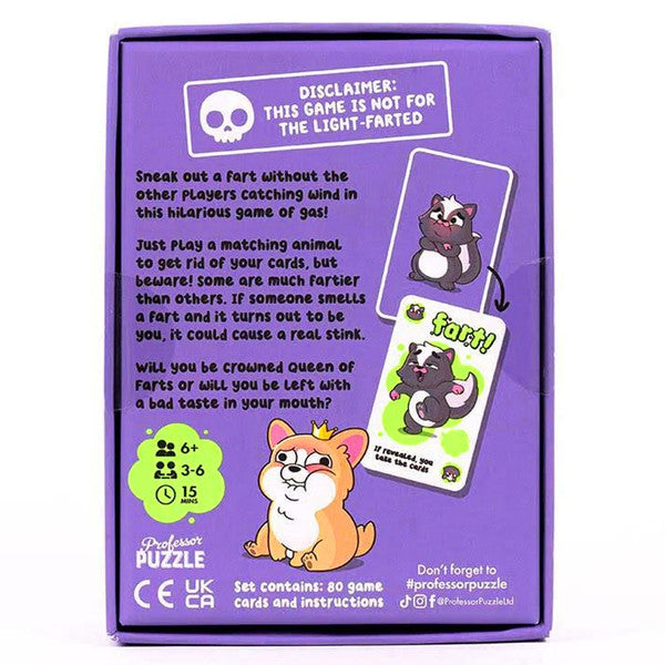 Queen of Farts game box showing gameplay instructions with cartoon animals on a purple background for ages 6 and up.
