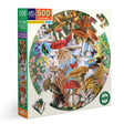 500pc Mushrooms & Butterflies Round Puzzle featuring colorful mushrooms and butterflies in a whimsical garden scene.