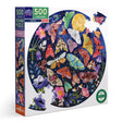 500pc Moths Round Puzzle featuring colorful moths and flowers under a moonlit sky with glossy sturdy pieces.