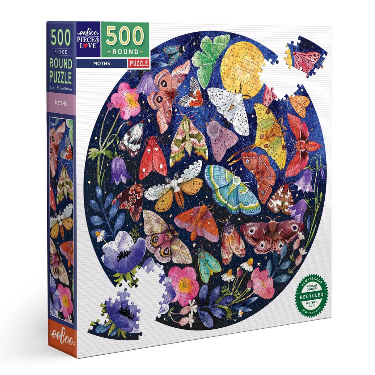 500pc Moths Round Puzzle featuring colorful moths and flowers under a moonlit sky with glossy sturdy pieces.