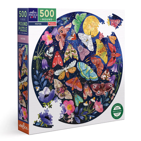 500pc Moths Round Puzzle featuring colorful moths and flowers under a moonlit sky with glossy sturdy pieces.