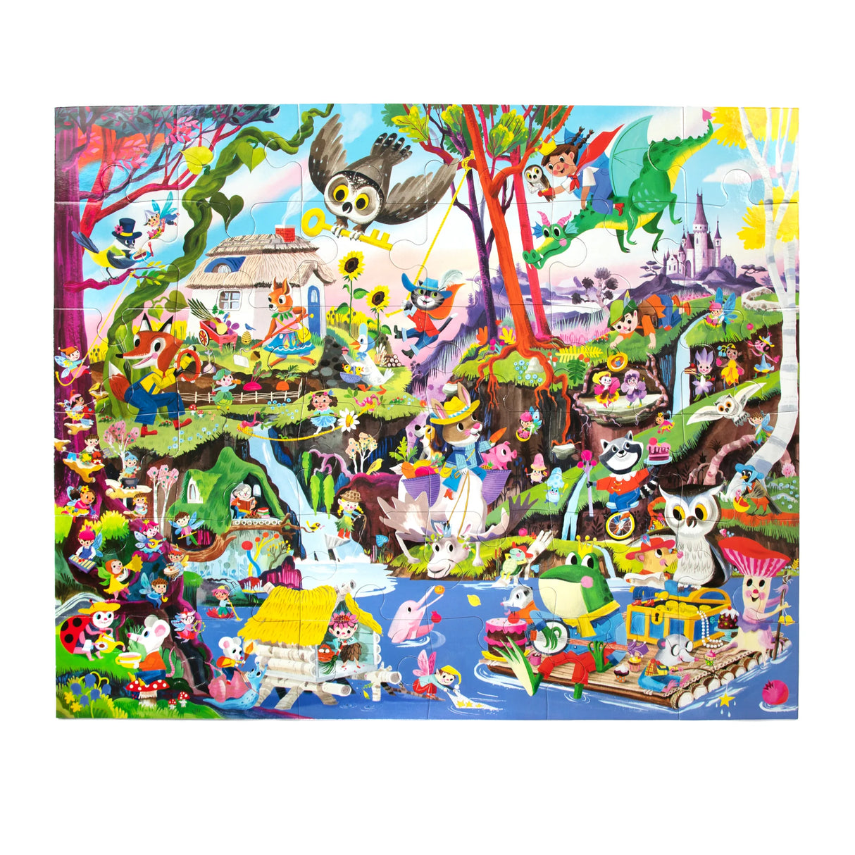36pc Fairies & Tales Giant Puzzle featuring a colorful, magical world of creatures by Linda Bleck, 36-piece double-coated design.
