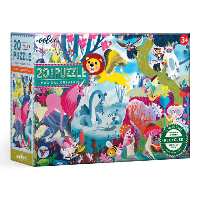 20pc Magical Creatures Puzzle featuring vibrant unicorns, mushroom folk, and magical creatures for ages 3 and up.