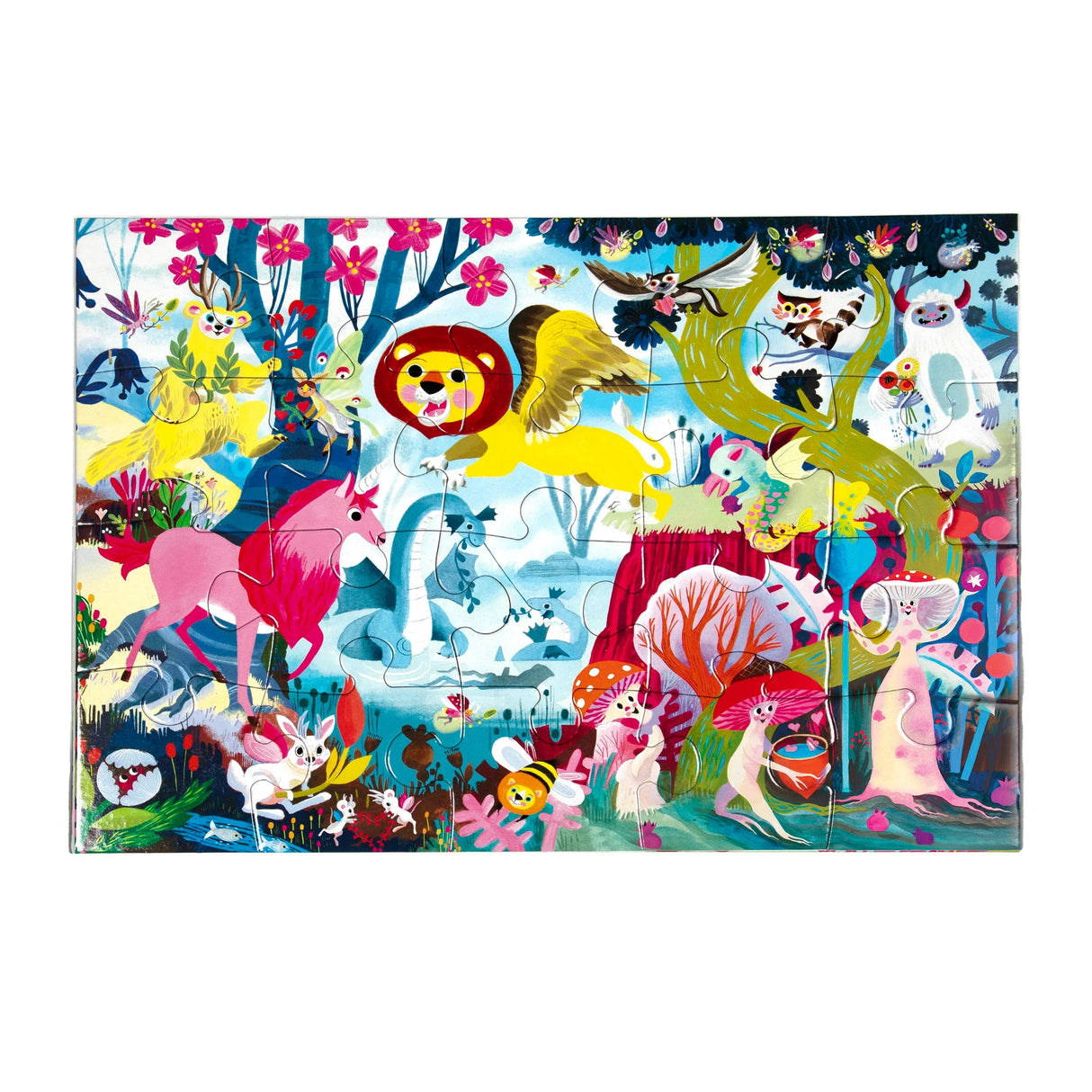 20pc Magical Creatures Puzzle with colorful unicorns, mushroom folk, and magical creatures in a vibrant nature scene.