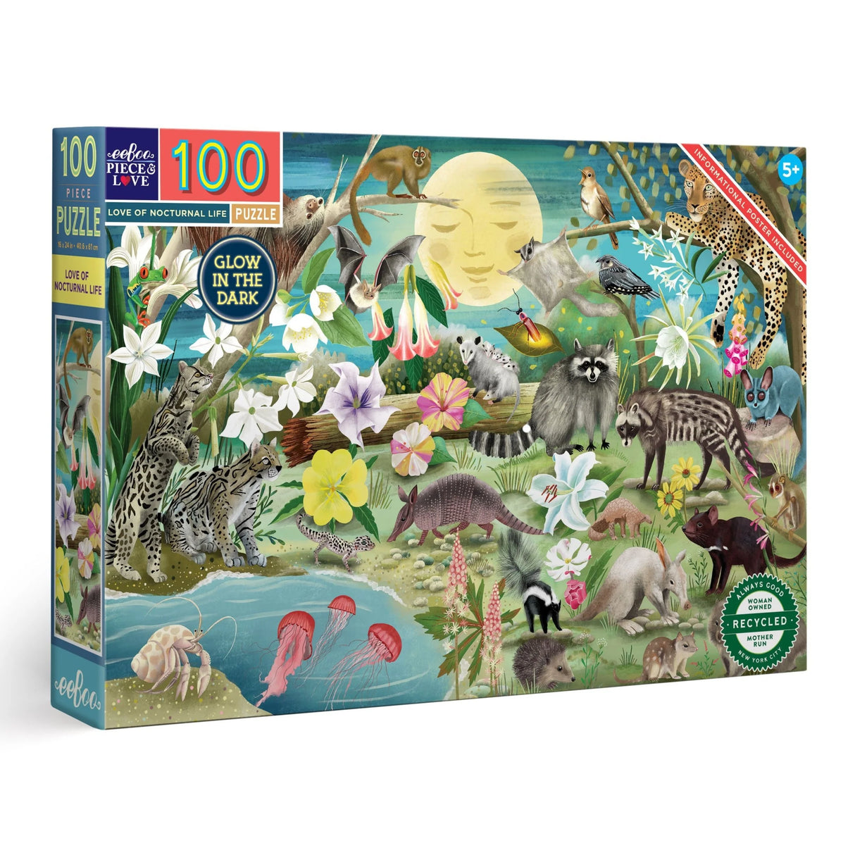100pc Love of Nocturnal Life Puzzle featuring glow-in-the-dark night creatures with vibrant illustrations by Uta Krogmann.
