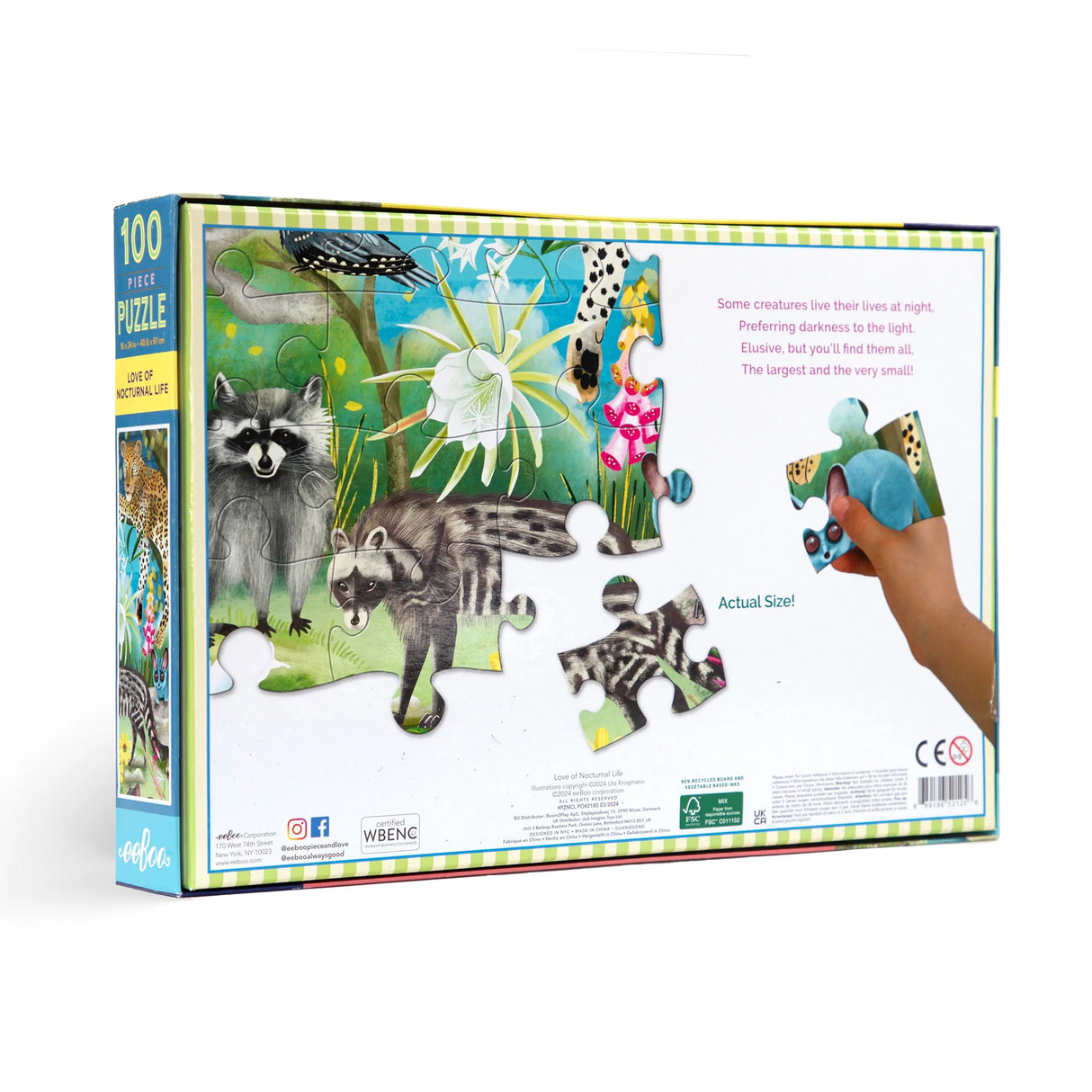 100pc Love of Nocturnal Life Puzzle box showing raccoon and nighttime creatures with glow-in-the-dark feature and colorful illustration