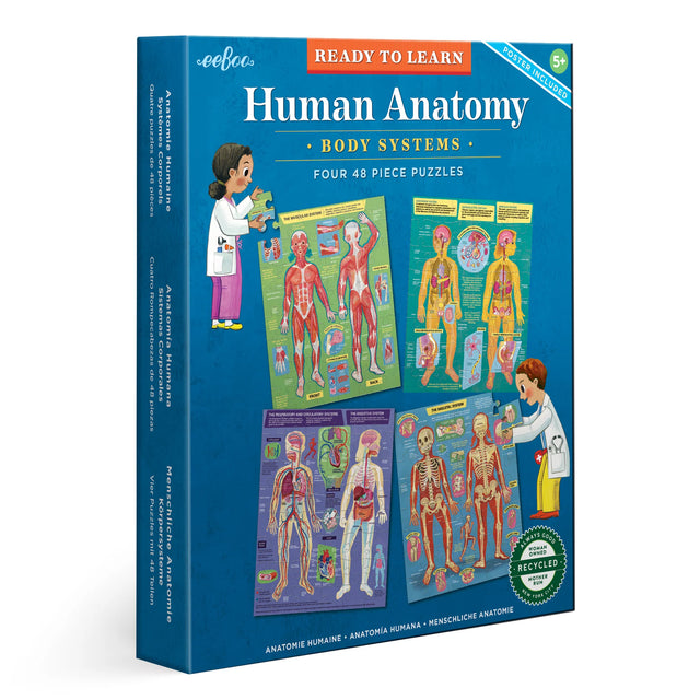 48pc Human Anatomy Puzzles box featuring four detailed 48-piece body system puzzles and an educational poster.