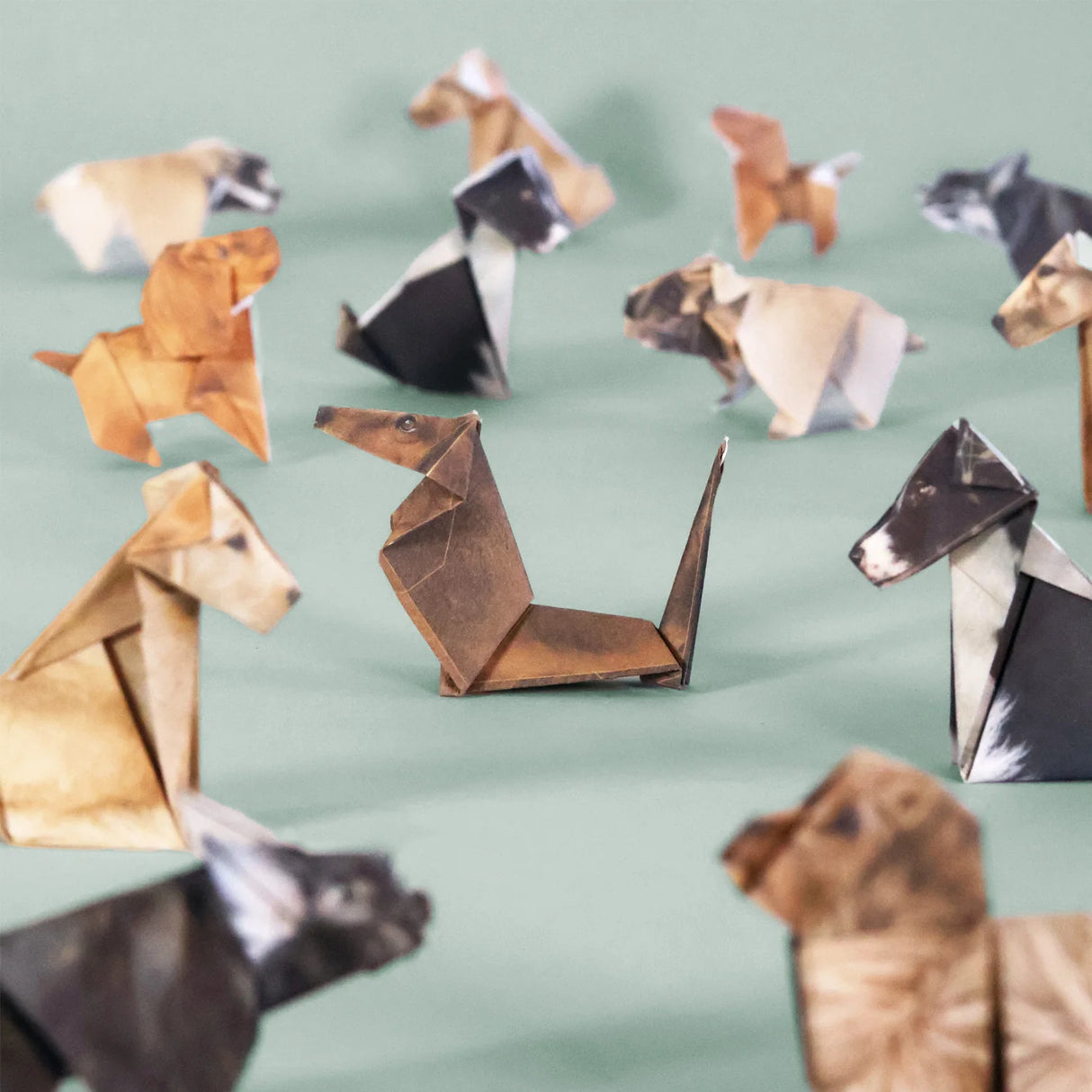 Origami paper dogs folded into various breeds arranged on a soft green background in a playful scene