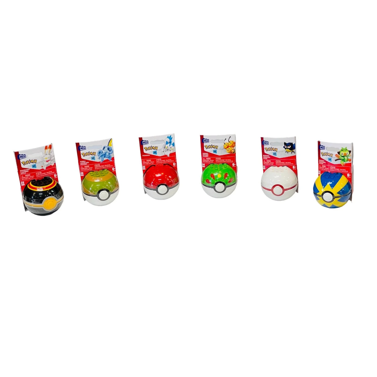 Mega Construx Pokemon Ball set featuring various Poké Balls with display prongs and character cards included.