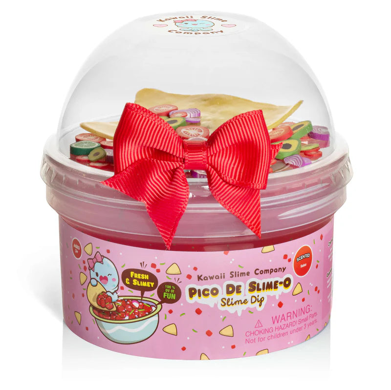 Pico De Slime-O Jelly Cube Slime Dip with realistic tortilla chip charms and fresh pico de gallo scent in a clear dome container.