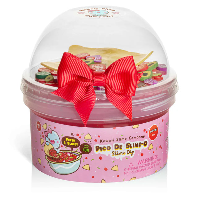 Pico De Slime-O Jelly Cube Slime Dip with realistic tortilla chip charms and fresh pico de gallo scent in a clear dome container.