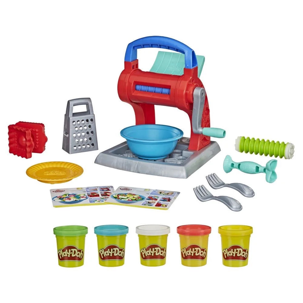 Play Doh Noodle Party Play Set with dual rollers, kitchen tools, 5 colors of Play-Doh, and pasta-making accessories for kids.