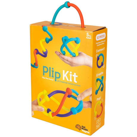 Plip Kit box featuring colorful silicone building pieces creating creative structures for kids aged 3 and up.