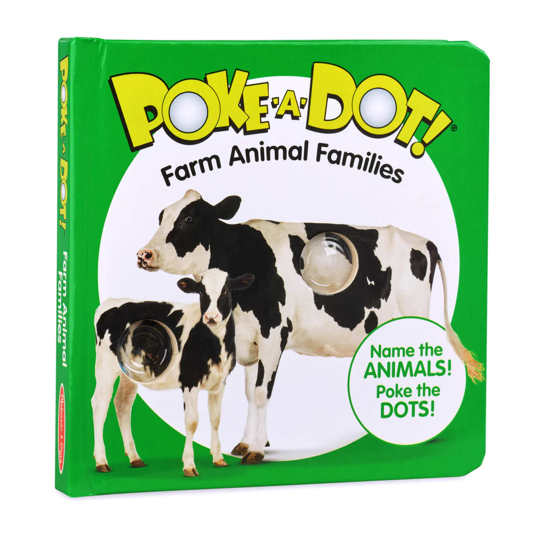 Poke A Dot! Farm Animal Families board book with interactive buttons featuring cow and calf on green cover.