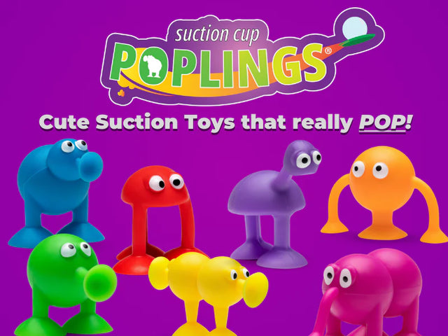 Poplings suction cup toys in bright colors that stick and pop, made of safe, non-toxic food grade silicon.
