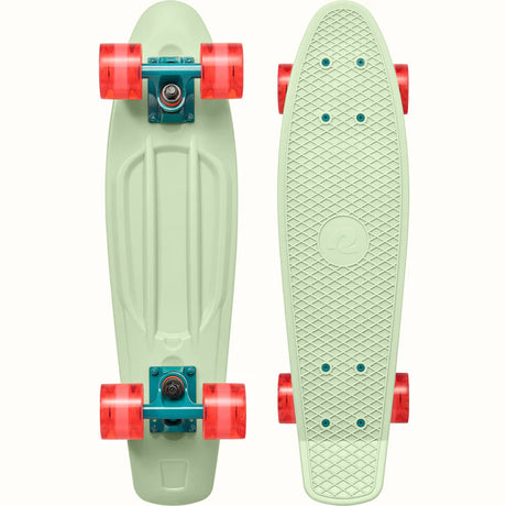 Quip Mini Cruiser Skateboard | Green Tea shown from top and bottom with translucent red wheels and teal trucks