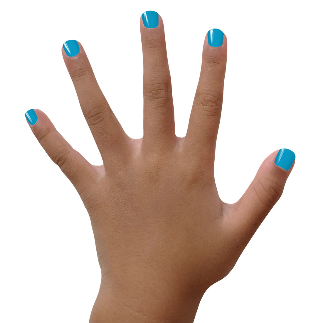 Hand with nails painted in matte bright sky blue using Nail Polish RAIN-bow or Shine, vibrant and durable finish.